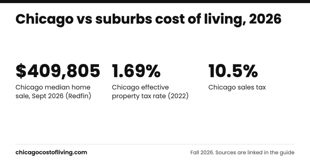 Chicago vs suburbs cost of living: $409,805 Chicago median home sale, Sept 2026 (Redfin); 1.69% Chicago effective property tax rate (2022); 10.5% Chicago sales tax