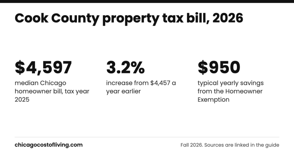 Cook county property tax bill: $4,597 median Chicago homeowner bill, tax year 2025; 3.2% increase from $4,457 a year earlier; $950 typical yearly savings from the Homeowner Exemption