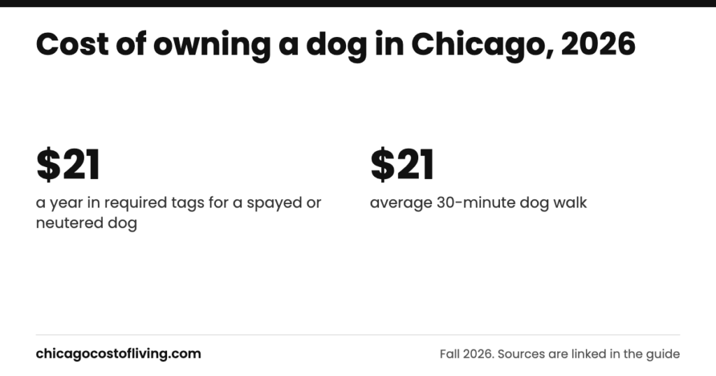 Cost of owning a dog in chicago: $21 a year in required tags for a spayed or neutered dog; $21 average 30-minute dog walk