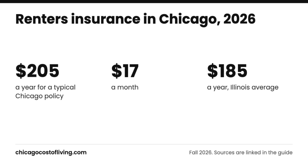 Renters insurance in chicago: $205 a year for a typical Chicago policy; $17 a month; $185 a year, Illinois average